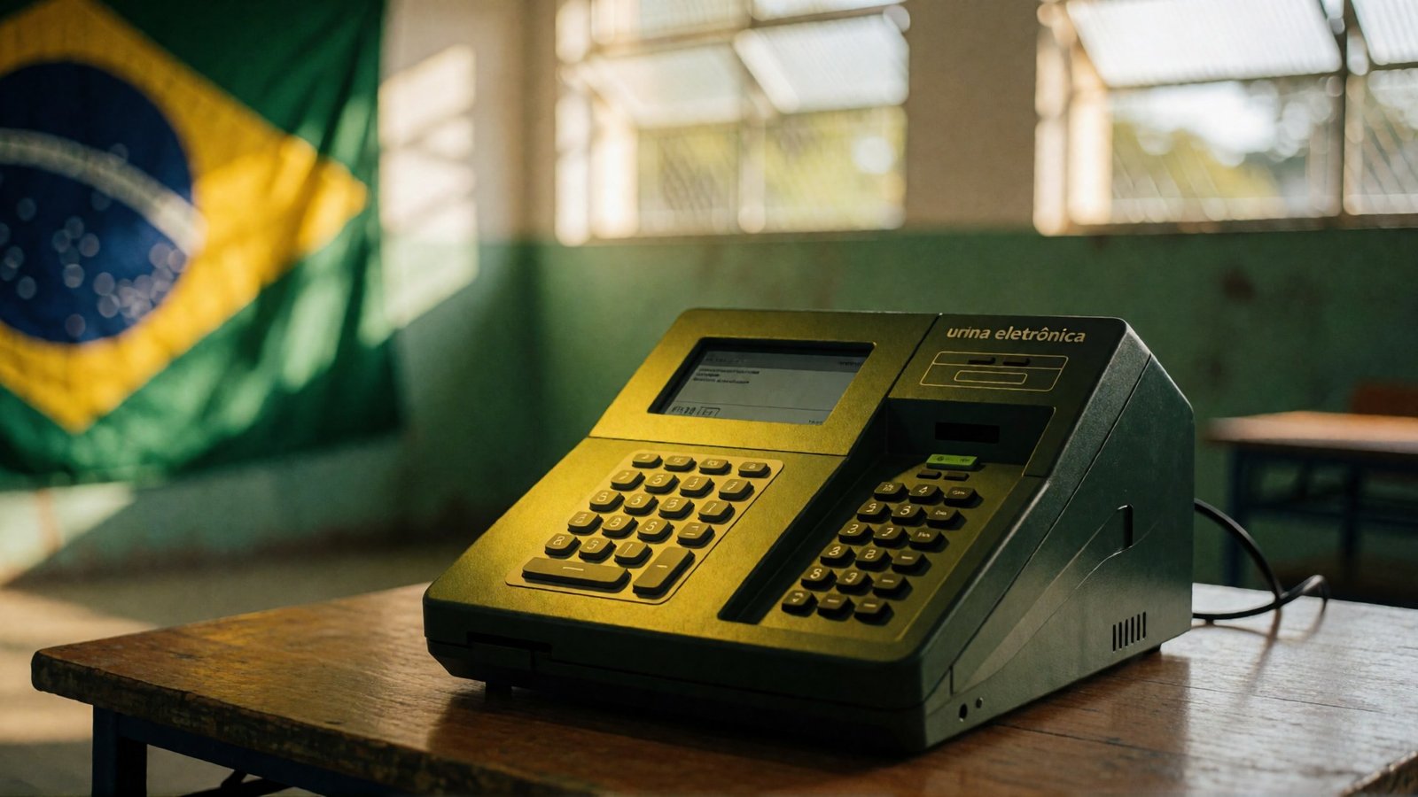 Ilustração gerada por inteligência artificial mostrando urna eletrônica brasileira em seção eleitoral do interior da Bahia